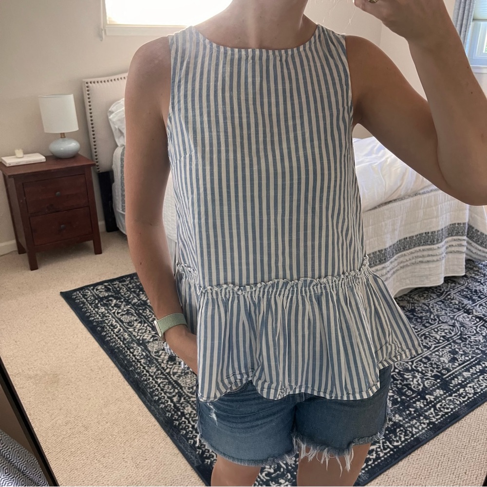 Beach Lunch Lounge Blue Striped Peplum Tank